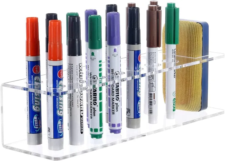 14 Slot Clear Acrylic Dry Erase Markers and Eraser Storage Rack, Wall Mounted Whiteboard Organizer Rack