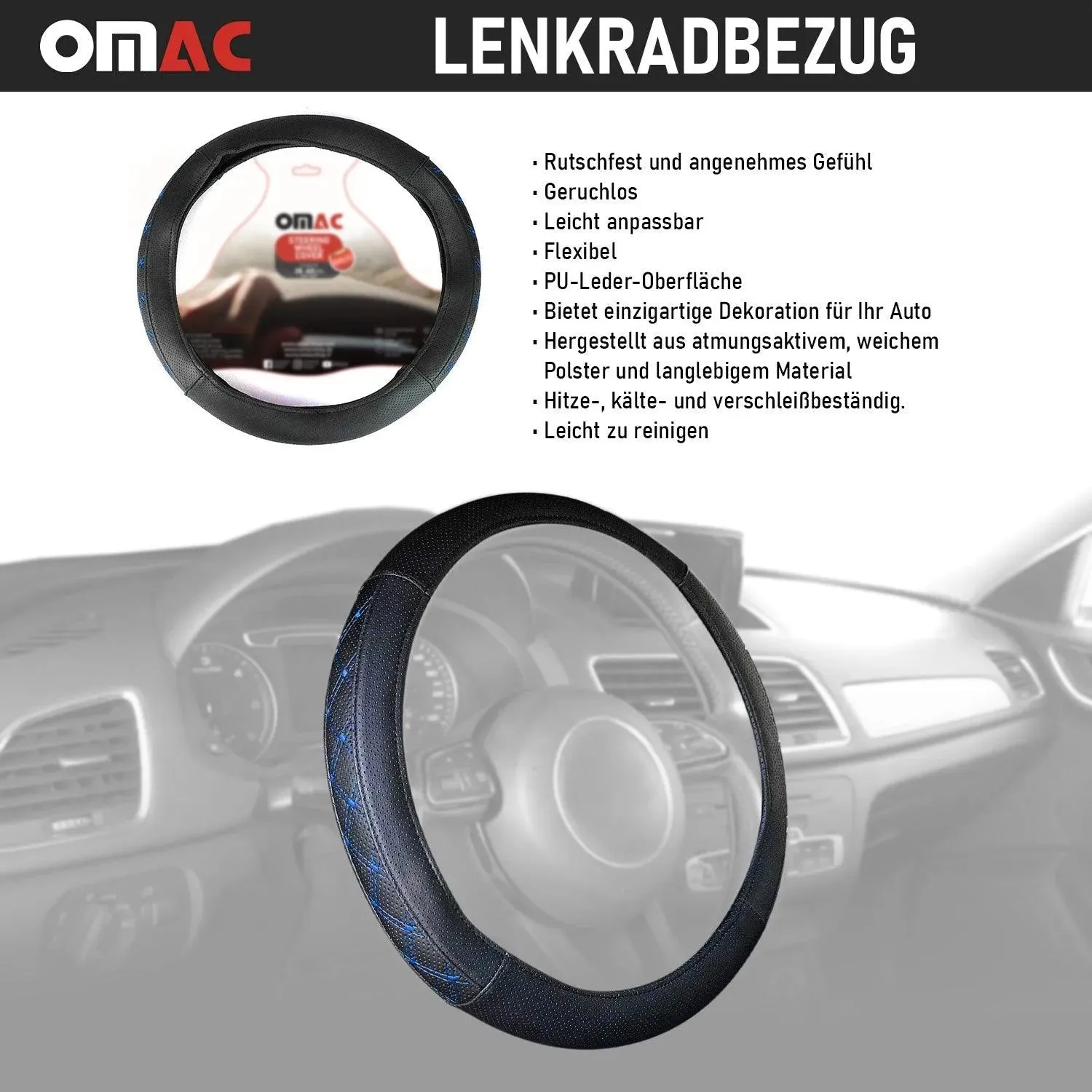 15" Steering Wheel Cover Blue Stitch Leather Anti-slip Breathable