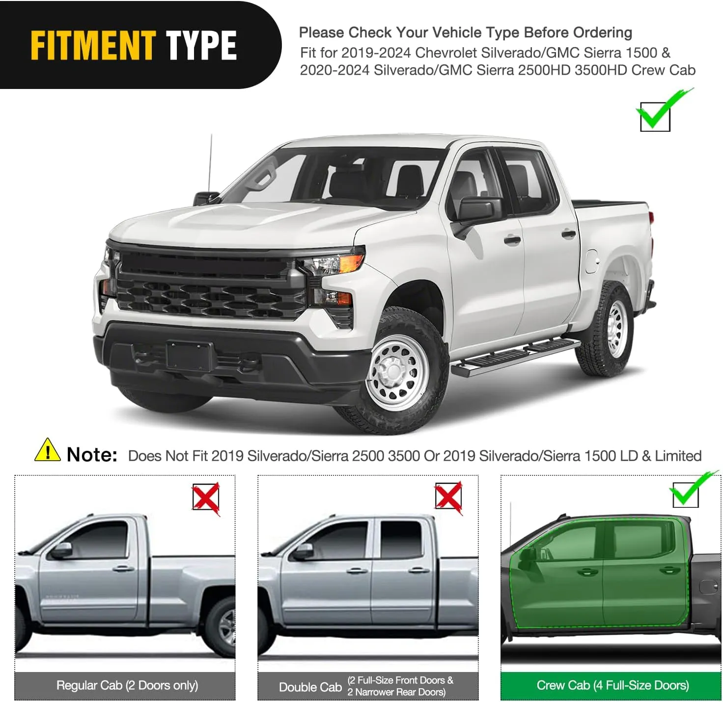 2019-2024 Chevy Silverado/GMC Sierra 1500 Crew Cab 2020-2024 Silverado/GMC Sierra 2500HD 3500HD 6 Inch Stainless Steel Bolt-on Side Step Nerf Bars Running Boards