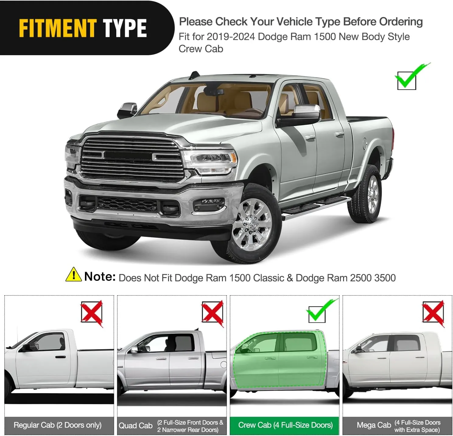 2019-2024 Dodge Ram 1500 New Body Style Crew Cab(Exclude 2019-2024 Classic) 6 Inch Slip-Proof Stainless Steel Side Step Nerf Bars Running Boards