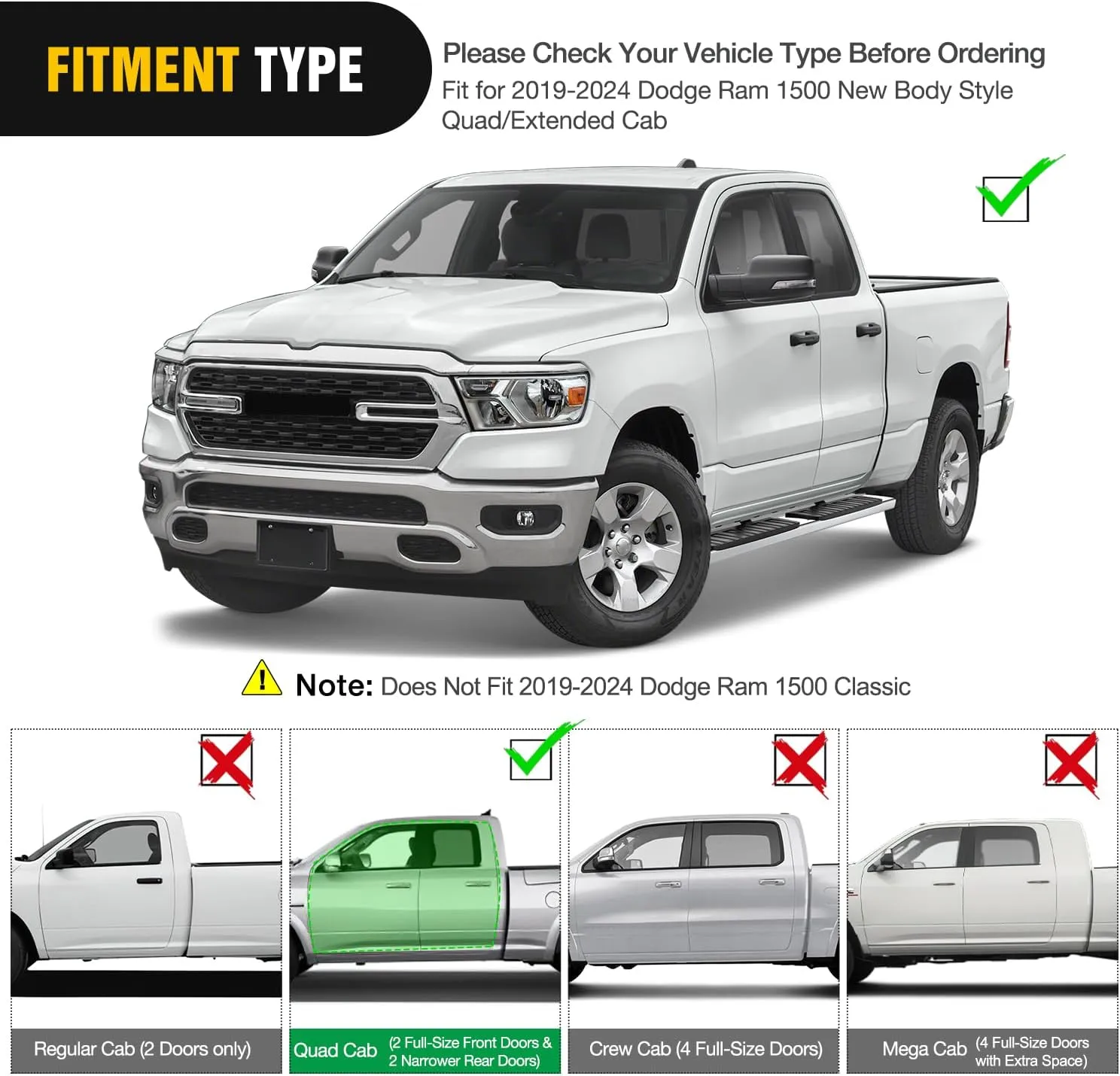 2019-2024 Dodge Ram 1500 Quad Extended Cab Running Boards 6 Inch Slip-Proof Stainless Steel Bolt-on Side Step Nerf Bars Running Boards