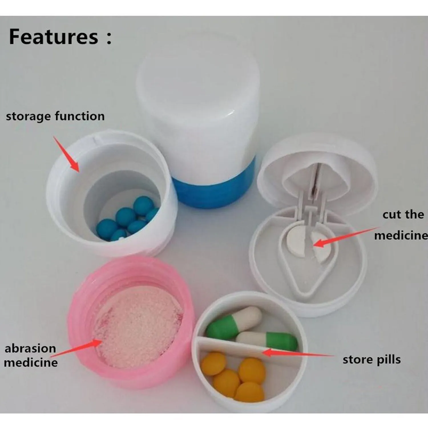 4-in-1 Layer Multipurpose Plastic Portable Pocket Size Tablet Medicine Cutter Divider with Partitioned Storage and Crusher Grinder Powder
