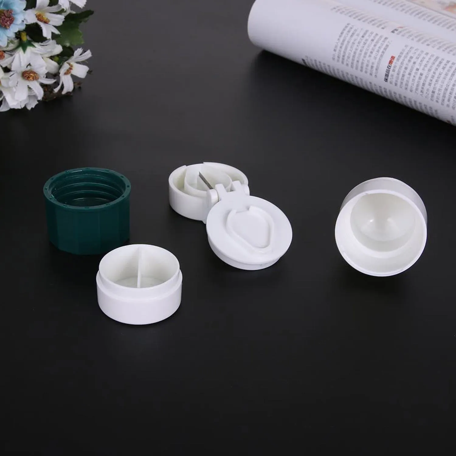 4-in-1 Layer Multipurpose Plastic Portable Pocket Size Tablet Medicine Cutter Divider with Partitioned Storage and Crusher Grinder Powder