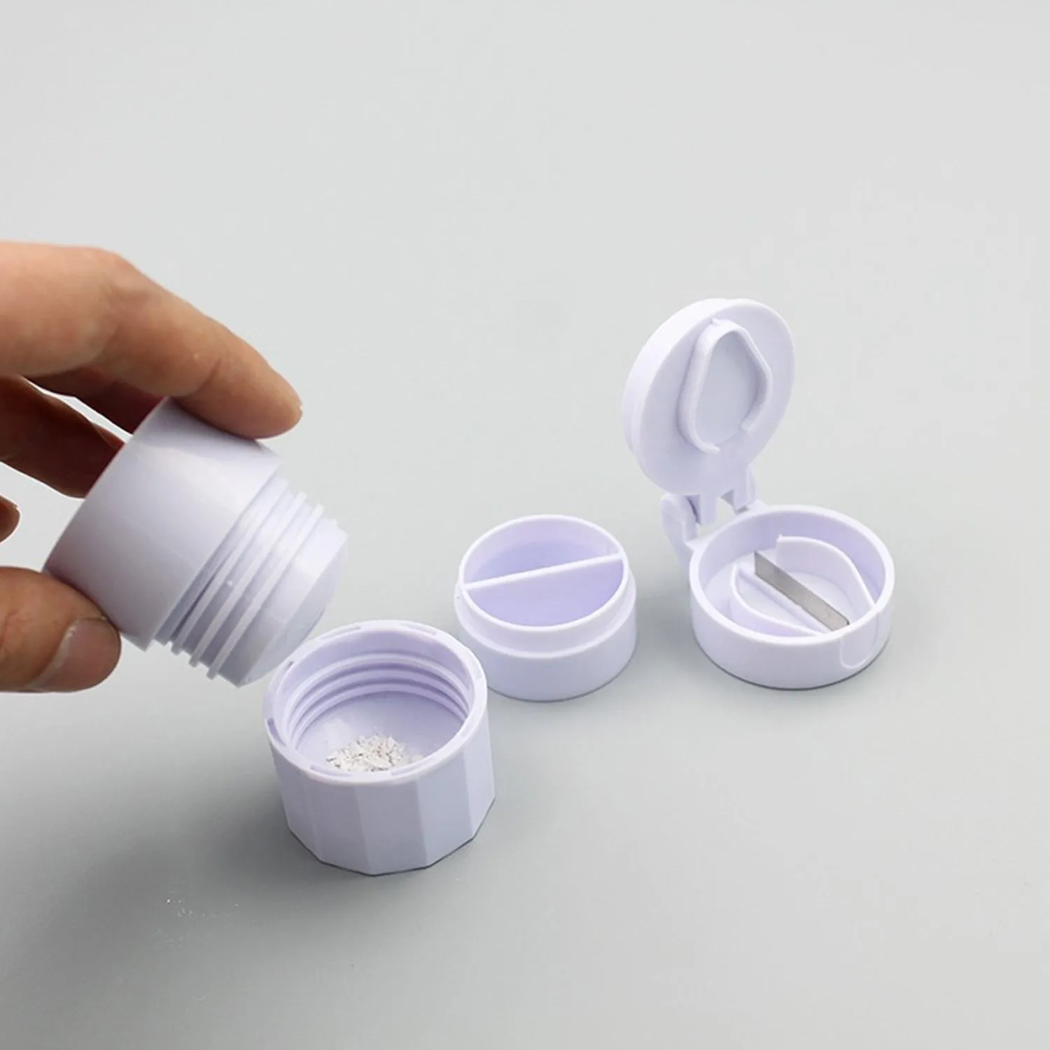 4-in-1 Layer Multipurpose Plastic Portable Pocket Size Tablet Medicine Cutter Divider with Partitioned Storage and Crusher Grinder Powder