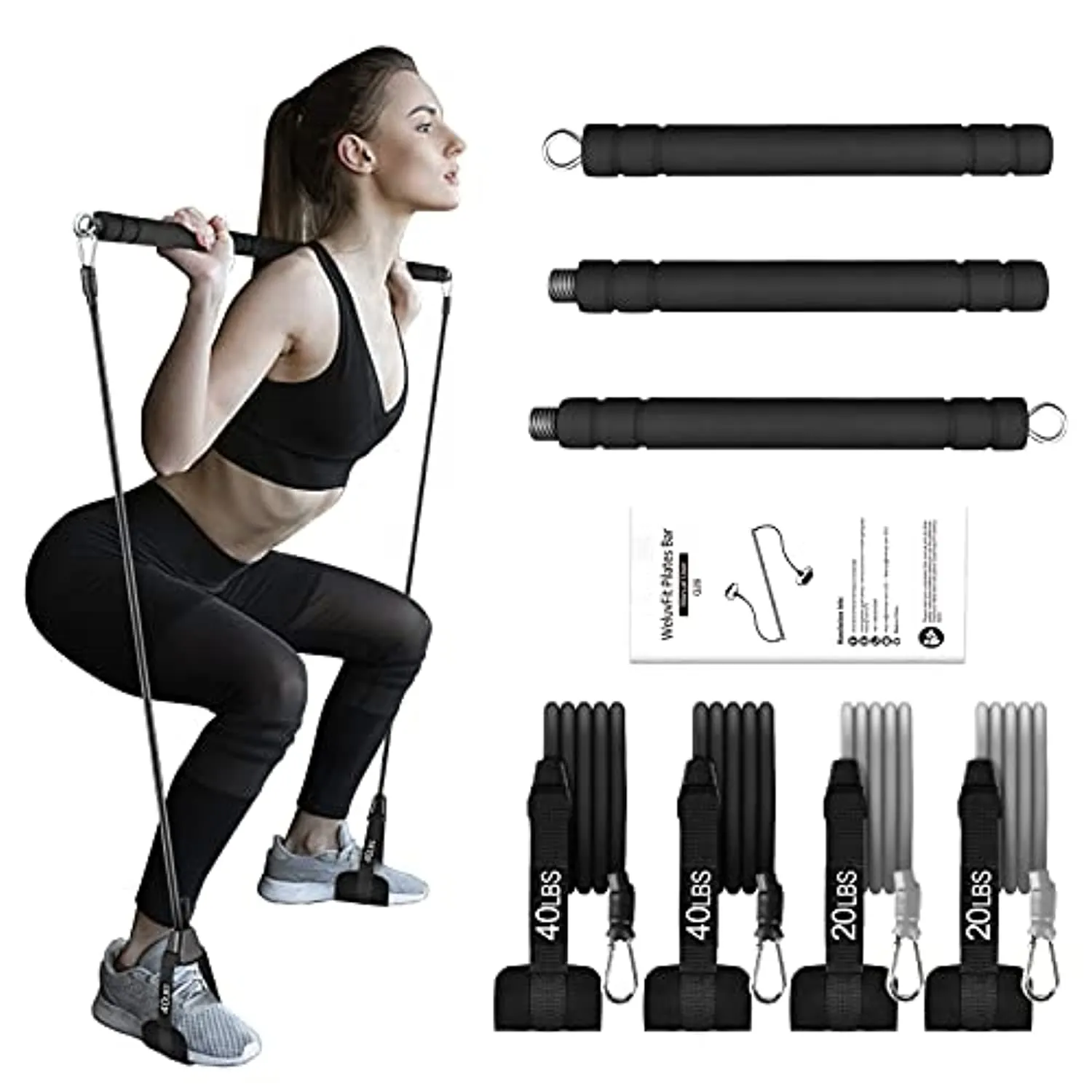 Pilates Bar Kit with Resistance Bands, WeluvFit Portable Exercise Fitness Equipment for Women & Men, Home Gym Workout 3-Section Stick Squat Yoga Pilates Flexbands Kit for Full Body Shaping