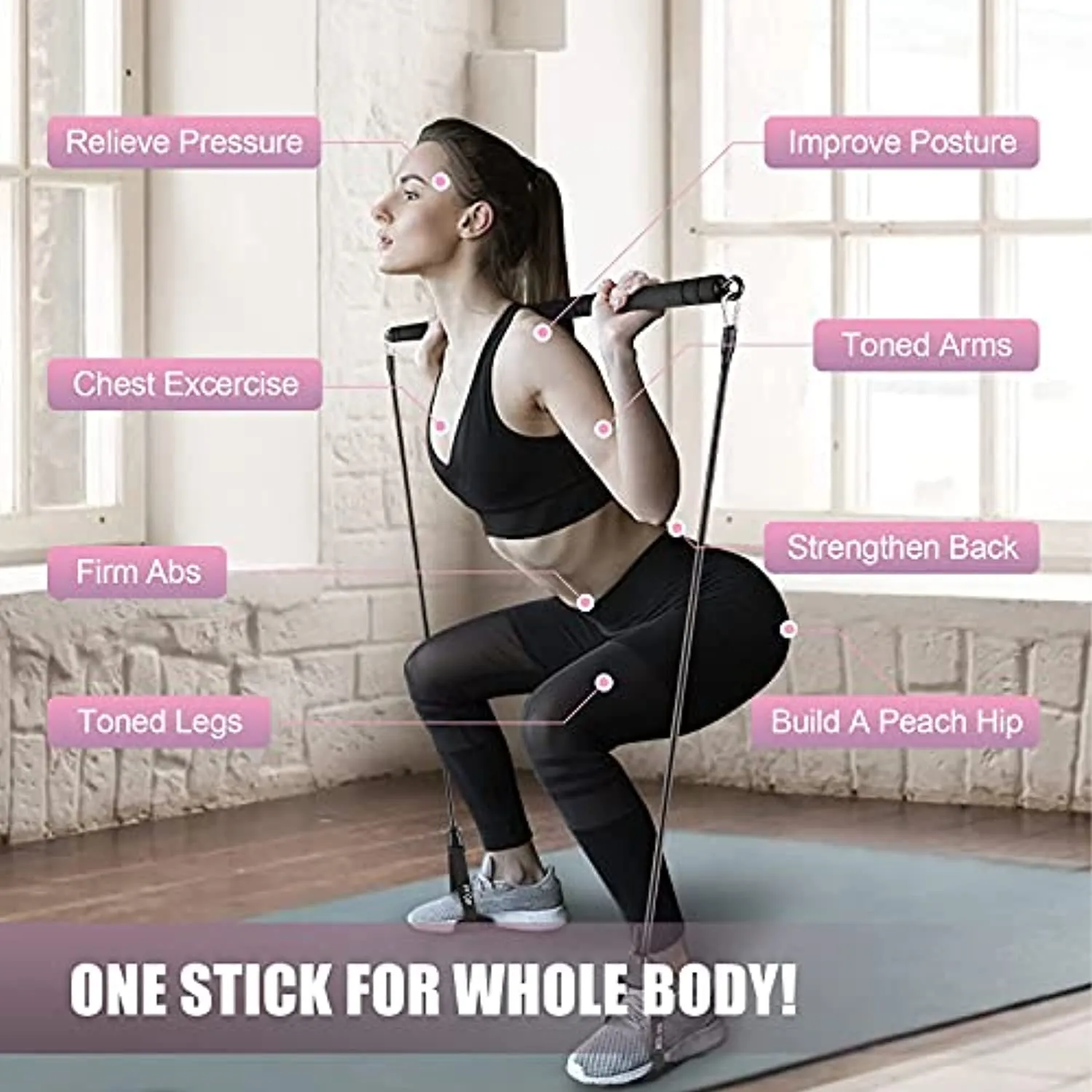 Pilates Bar Kit with Resistance Bands, WeluvFit Portable Exercise Fitness Equipment for Women & Men, Home Gym Workout 3-Section Stick Squat Yoga Pilates Flexbands Kit for Full Body Shaping