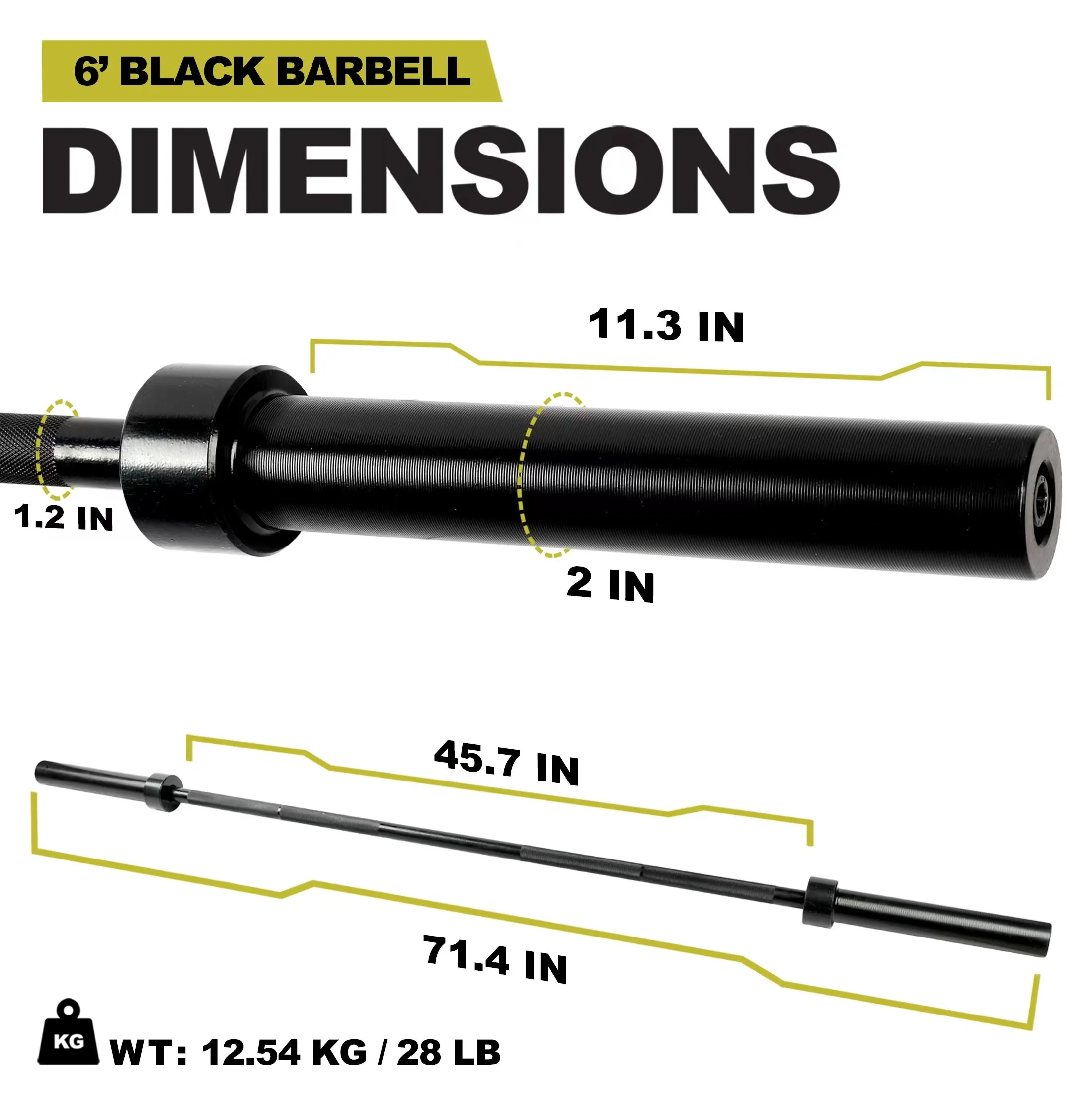 PRCTZ 6ft Olympic Barbell with with 2 In. Sleeve Diameter, 28 Pound Weighted Barbell with 600-Pound Capacity
