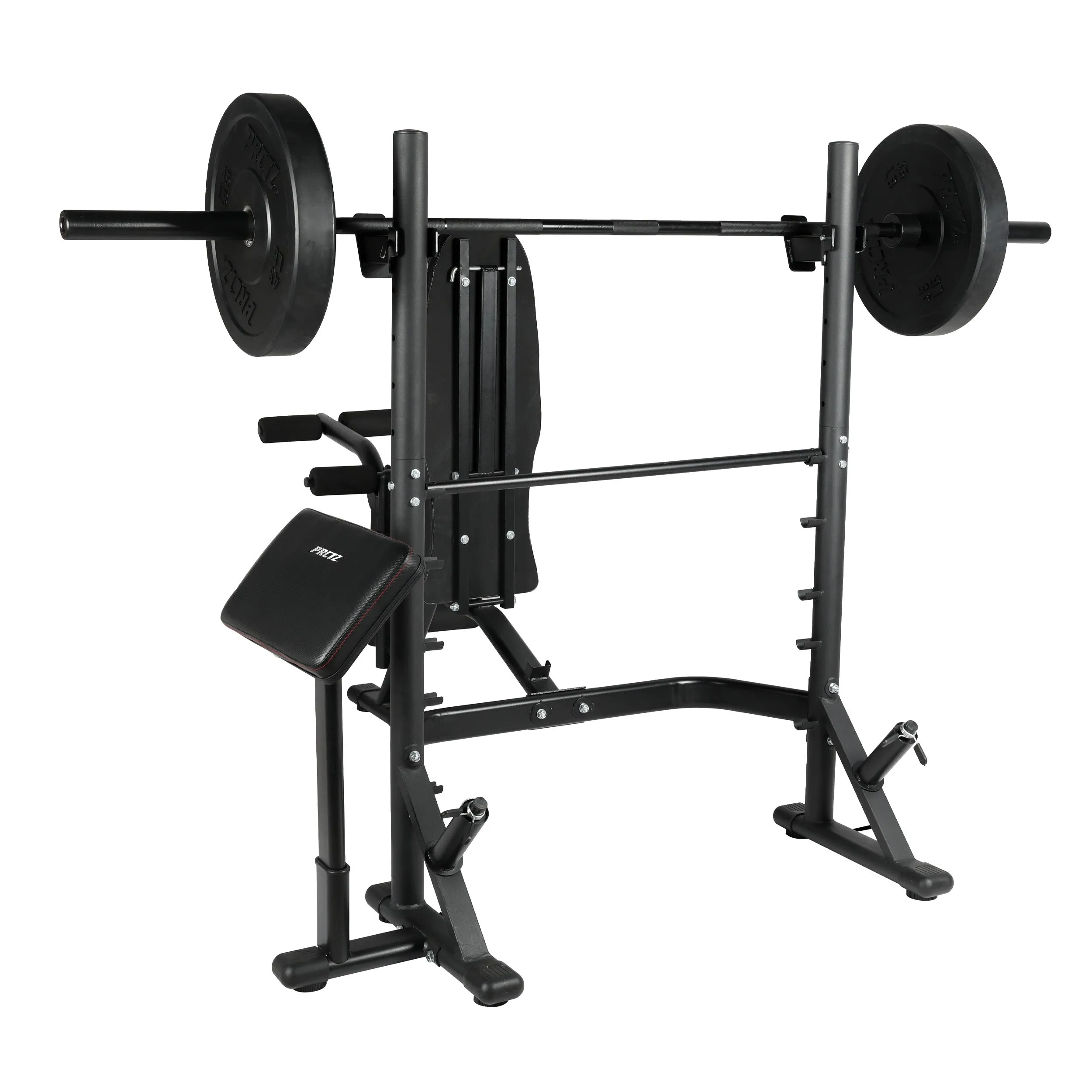 PRCTZ SP1 Homegym Bundle, Includes Adjustable Olympic Weight Bench with Squat rack, 7ft Olympic barbell, 45 lb Rubber Bumper plates set, 40 lb Cast-iron Adjustable Dumbbell