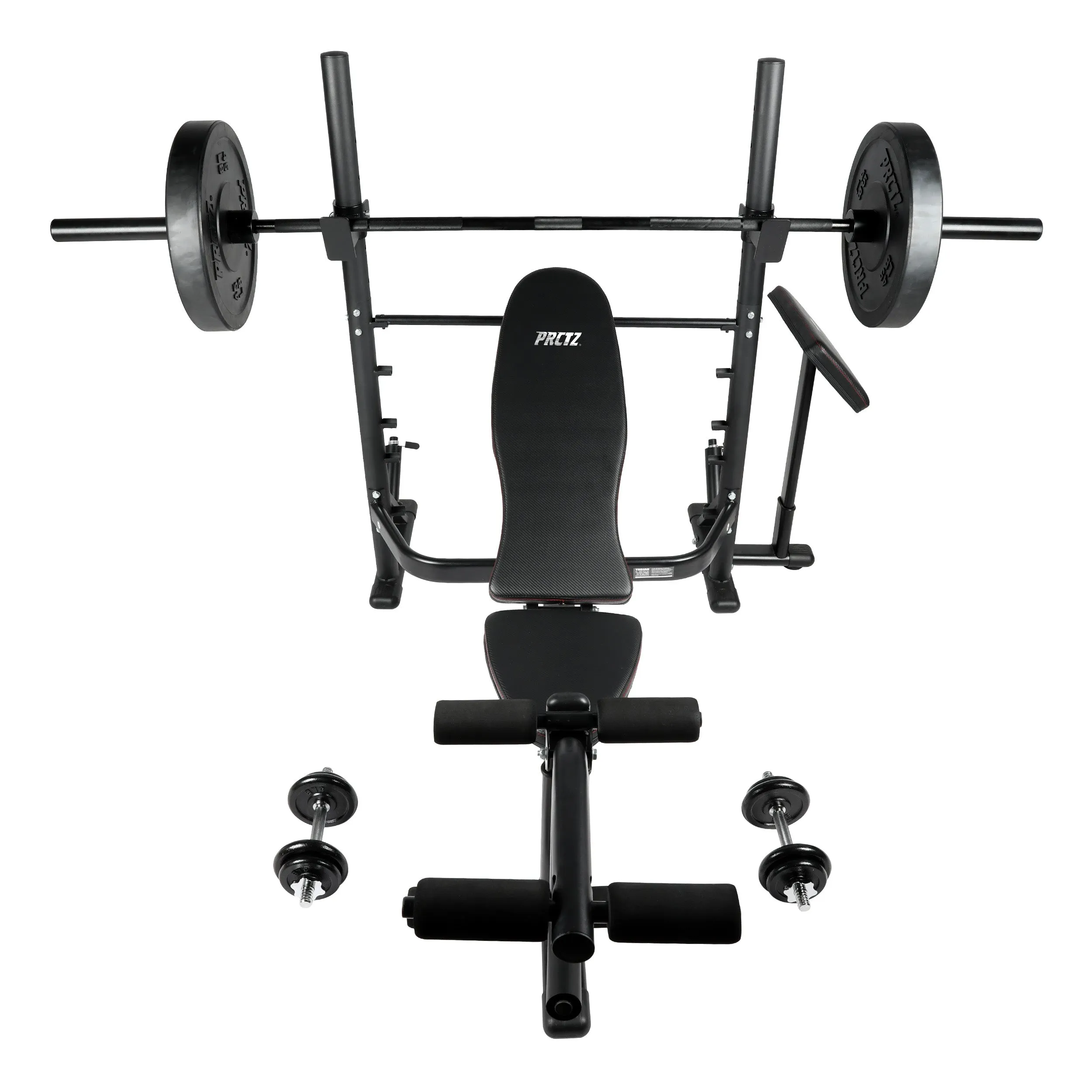 PRCTZ SP1 Homegym Bundle, Includes Adjustable Olympic Weight Bench with Squat rack, 7ft Olympic barbell, 45 lb Rubber Bumper plates set, 40 lb Cast-iron Adjustable Dumbbell