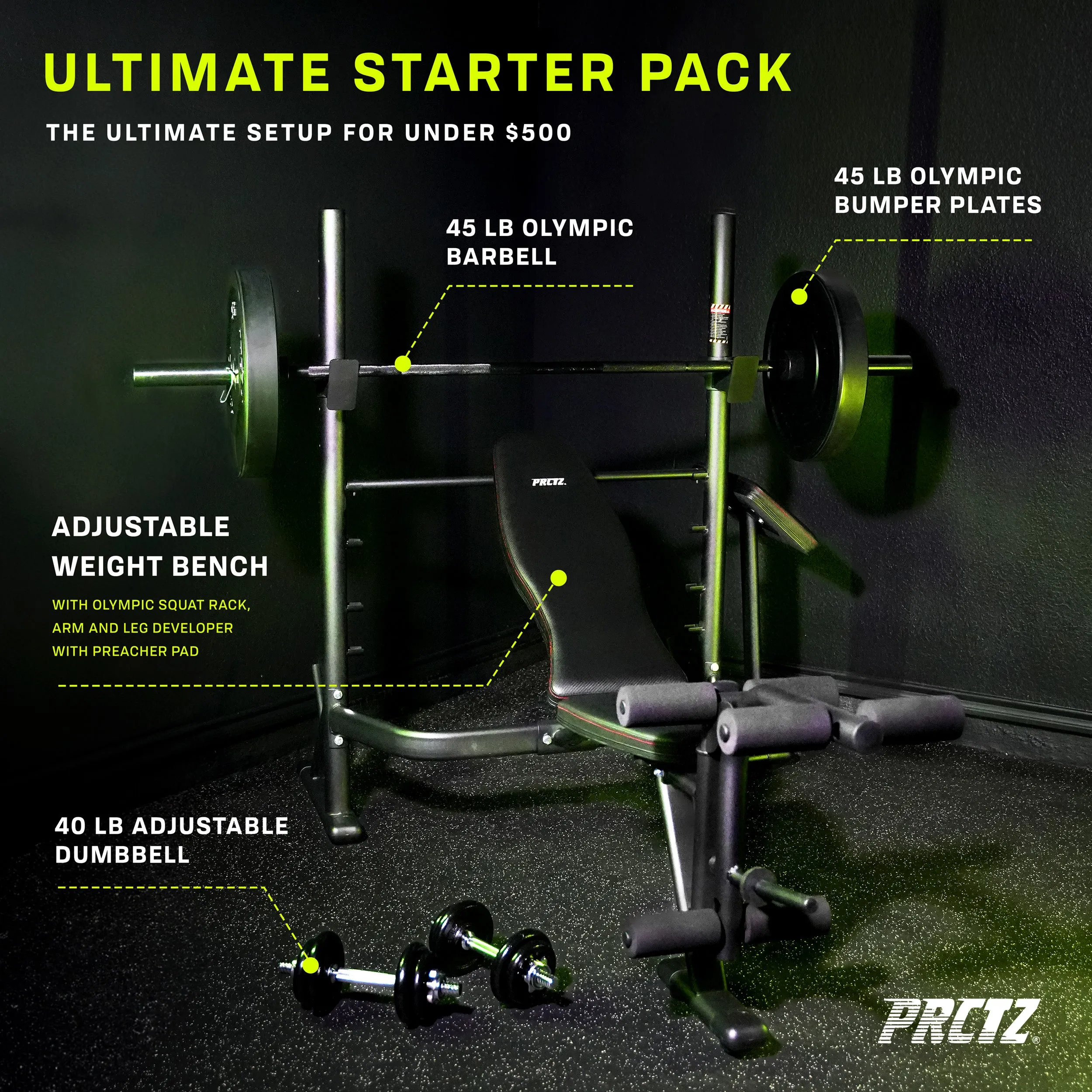 PRCTZ SP1 Homegym Bundle, Includes Adjustable Olympic Weight Bench with Squat rack, 7ft Olympic barbell, 45 lb Rubber Bumper plates set, 40 lb Cast-iron Adjustable Dumbbell