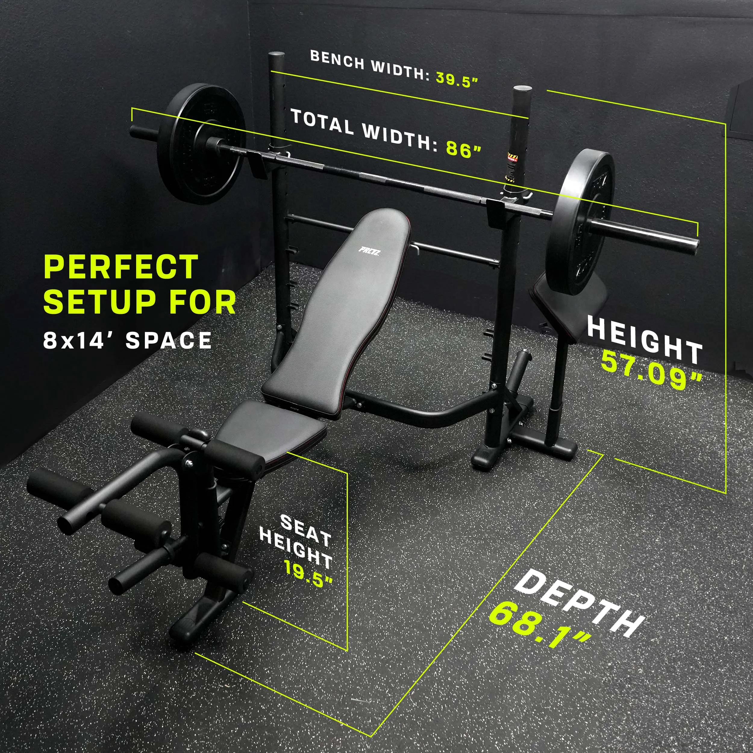 PRCTZ SP1 Homegym Bundle, Includes Adjustable Olympic Weight Bench with Squat rack, 7ft Olympic barbell, 45 lb Rubber Bumper plates set, 40 lb Cast-iron Adjustable Dumbbell