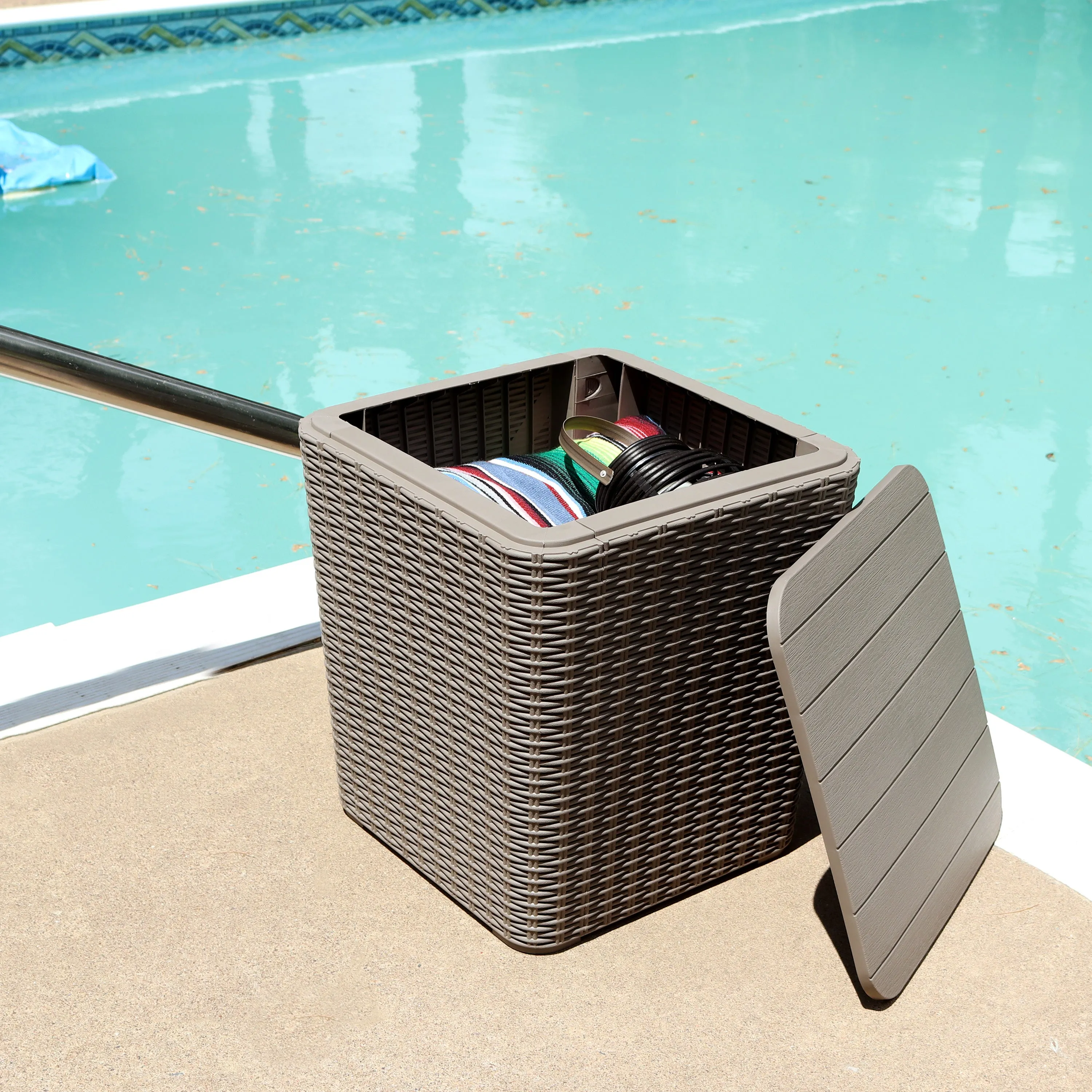Sunnydaze Outdoor Side Table with Storage - Rattan Design - 11.5 Gal.
